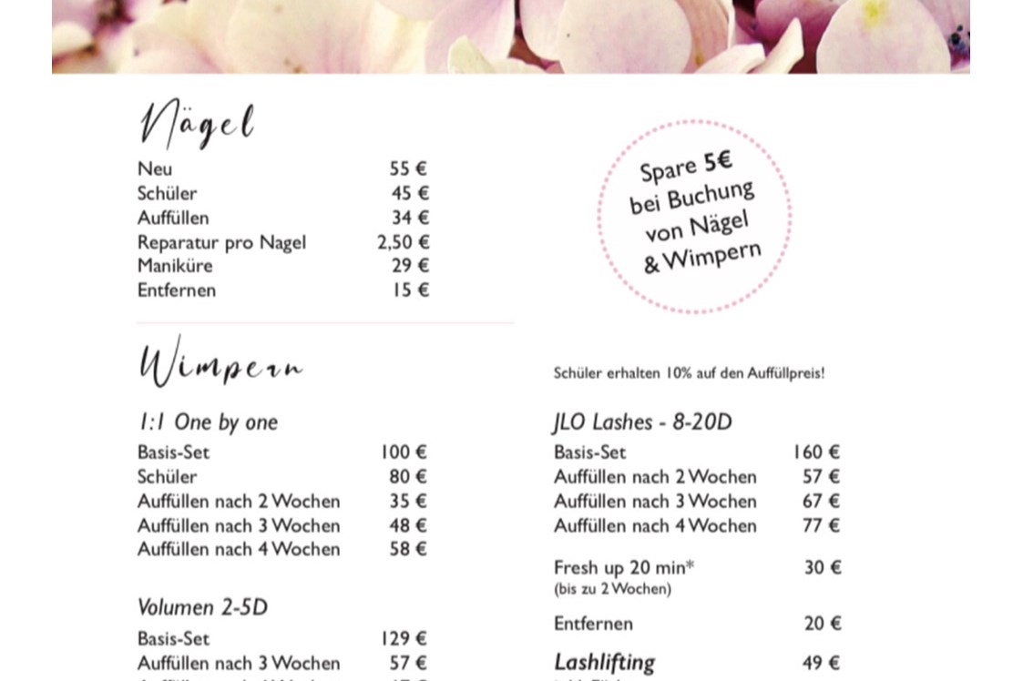Einkaufen Mainz: Preisliste  - Amelia Beauty Lounge 