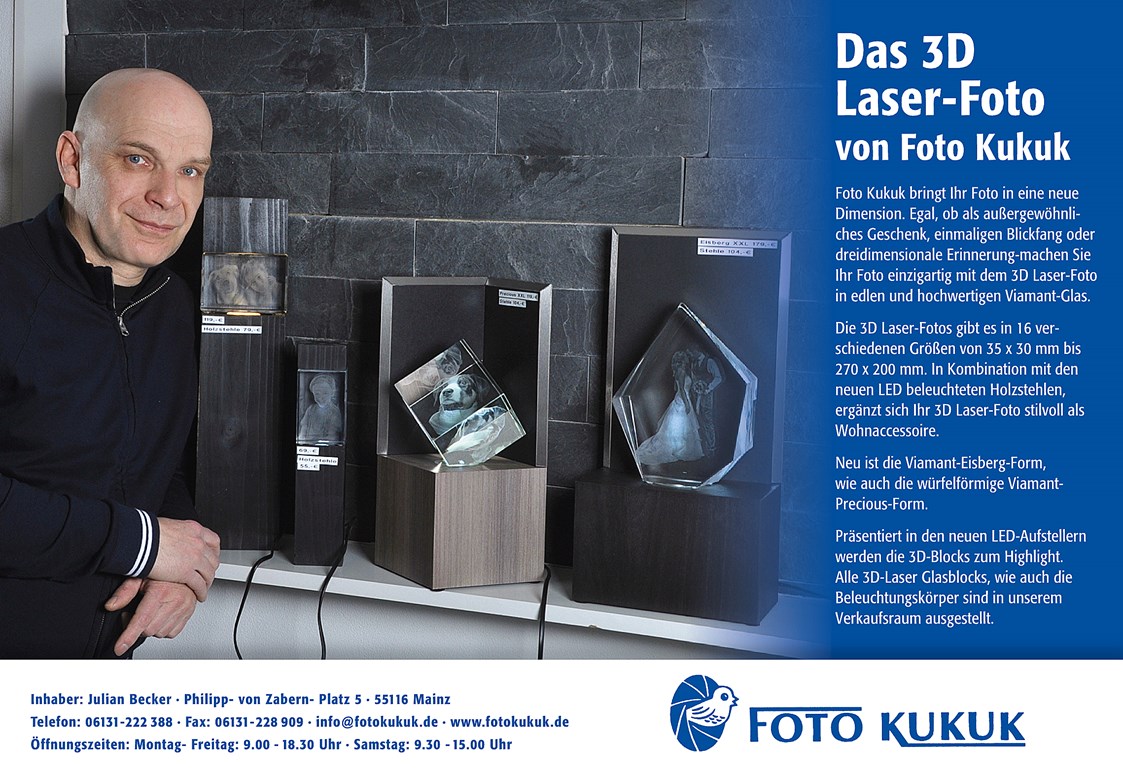 Einkaufen Mainz: Ihr Bild in einem Glasblock
Gelasert in 3D - Foto Kukuk