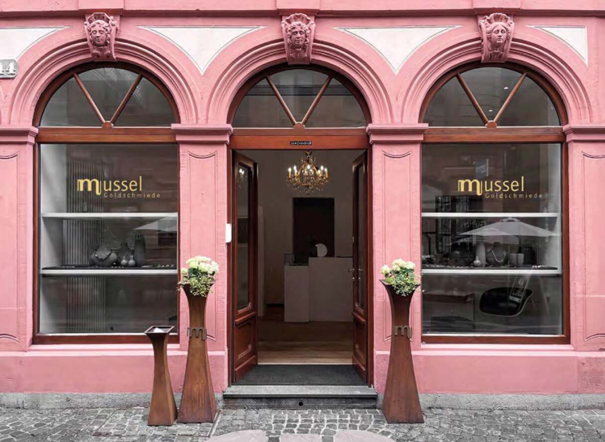 Mainz Suche - Rheinhessen - Goldschmiede Ladenfront in der Mainzer Altsadt - Goldschmiede Mussel